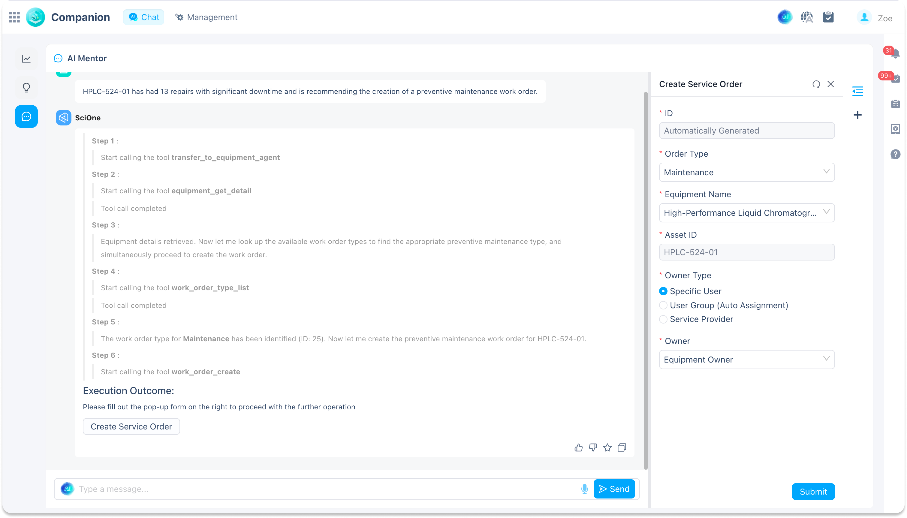 SciOne AI Mentor guiding equipment actions